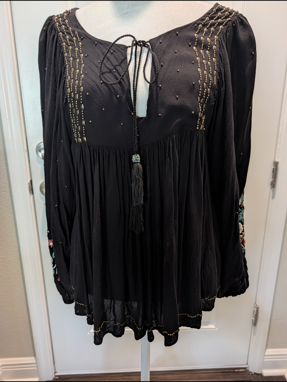 Anthropologie Floreat Black Peasant Blouse with Gold Bead Accents